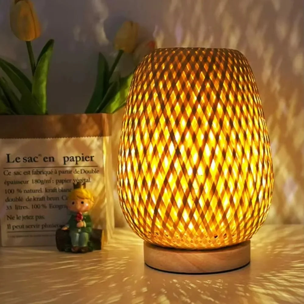 Bamboo Art Deco Table Lamp — Hand-Woven Bedside Light