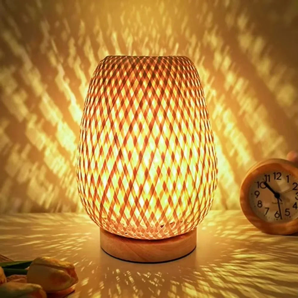 Bamboo Art Deco Table Lamp — Hand-Woven Bedside Light