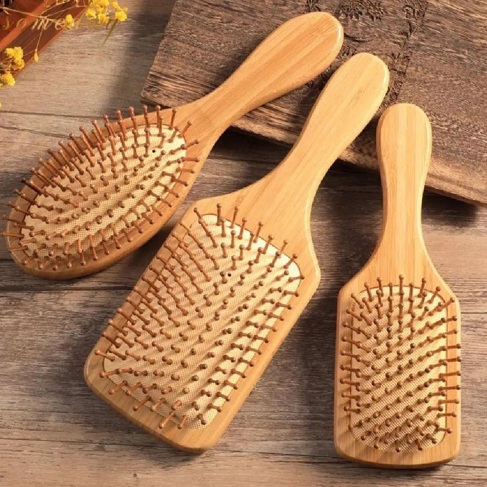 Natural Bamboo Paddle Hair Brush — Detangling Comb Set
