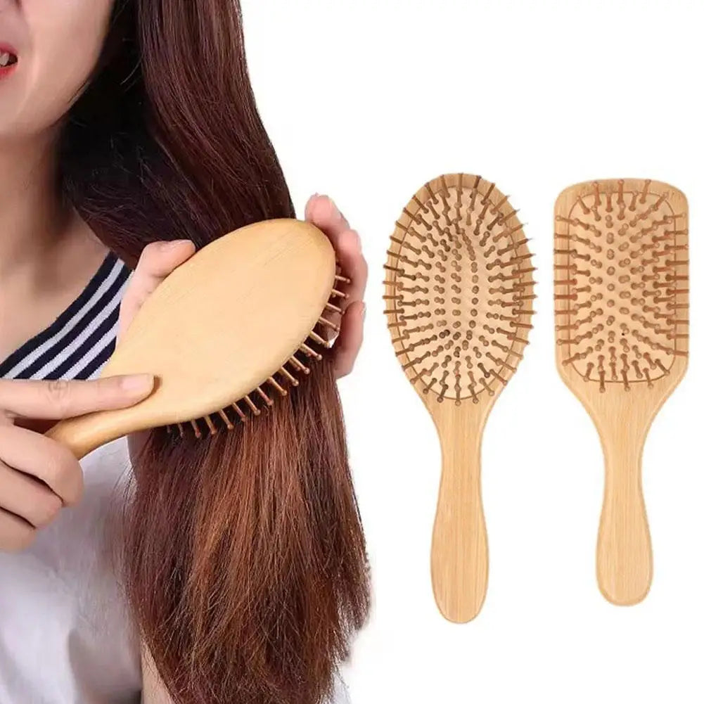 Natural Bamboo Paddle Hair Brush — Detangling Comb Set