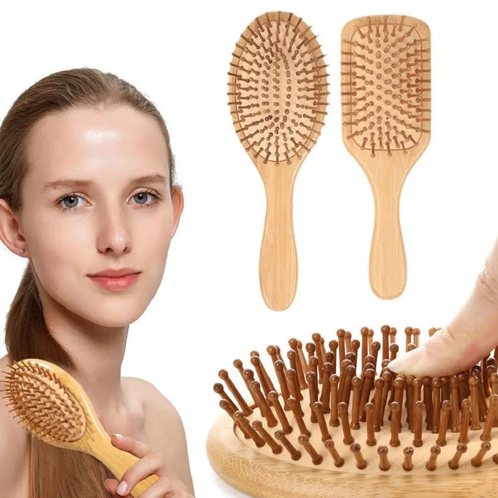 Natural Bamboo Paddle Hair Brush — Detangling Comb Set