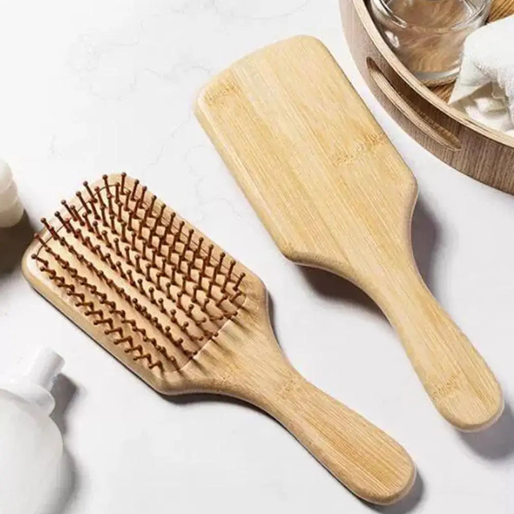 Natural Bamboo Paddle Hair Brush — Detangling Comb Set